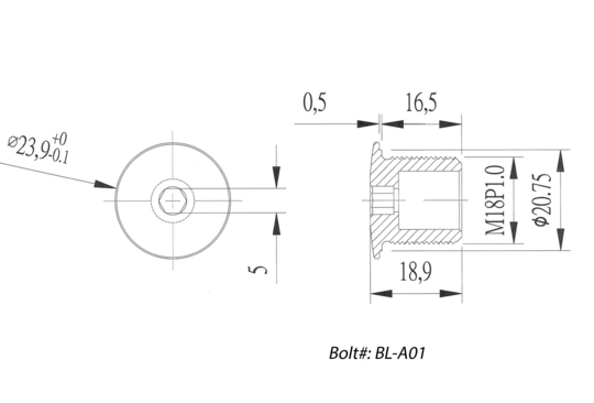 Technical drawing of a bolt with dimensions and specifications