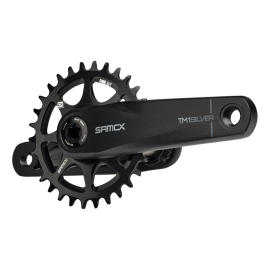 Black bicycle crankset with sprocket on a white background