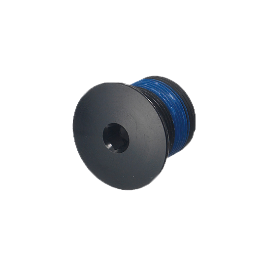 Black spool with blue thread on a white background