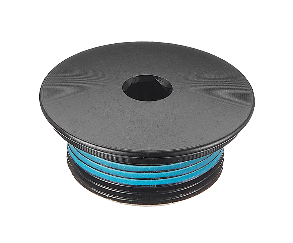 Black spool with blue string on a white background