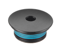 Black spool with blue string on a white background