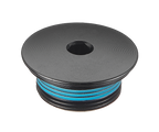 Black spool with blue string on a white background