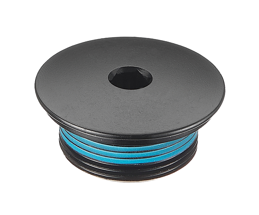 Black spool with blue string on a white background