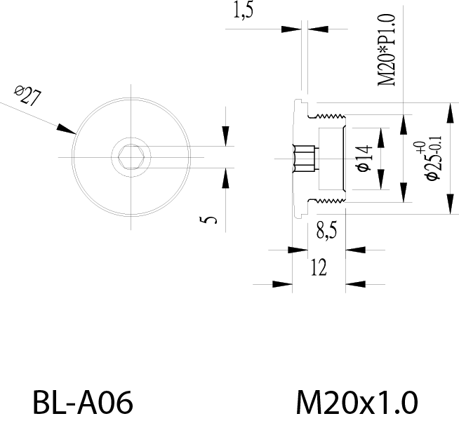 Technical drawing of a mechanical component with dimensions and specifications