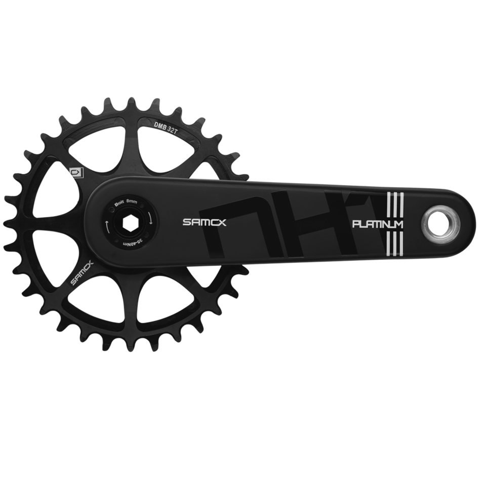 Black bicycle crankset with sprocket on a white background