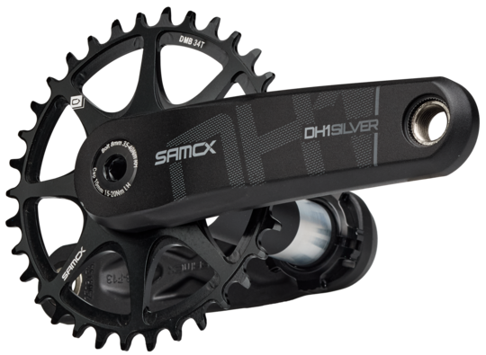 Black bicycle crankset with chainring on a white background