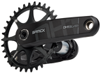 Black bicycle crankset with chainring on a white background