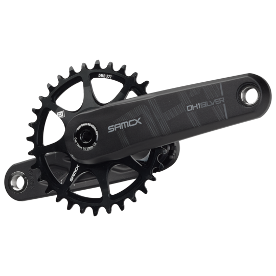 Black bicycle crankset with sprocket on a white background