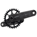 Black bicycle crankset with sprocket on a white background
