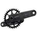 Black bicycle crankset with sprocket on a white background