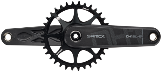 Black bicycle crankset with sprocket on a white background