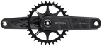 Black bicycle crankset with sprocket on a white background