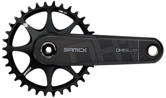 Black bicycle crankset with sprocket on a white background