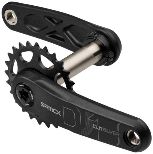 Black bicycle crankset with sprocket on a white background