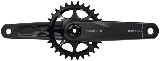 Black bicycle crankset with sprocket on a white background