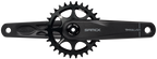 Black bicycle crankset with sprocket on a white background