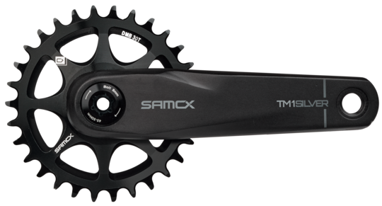 Bicycle crankset with sprocket on a white background, featuring the Samax brand.
