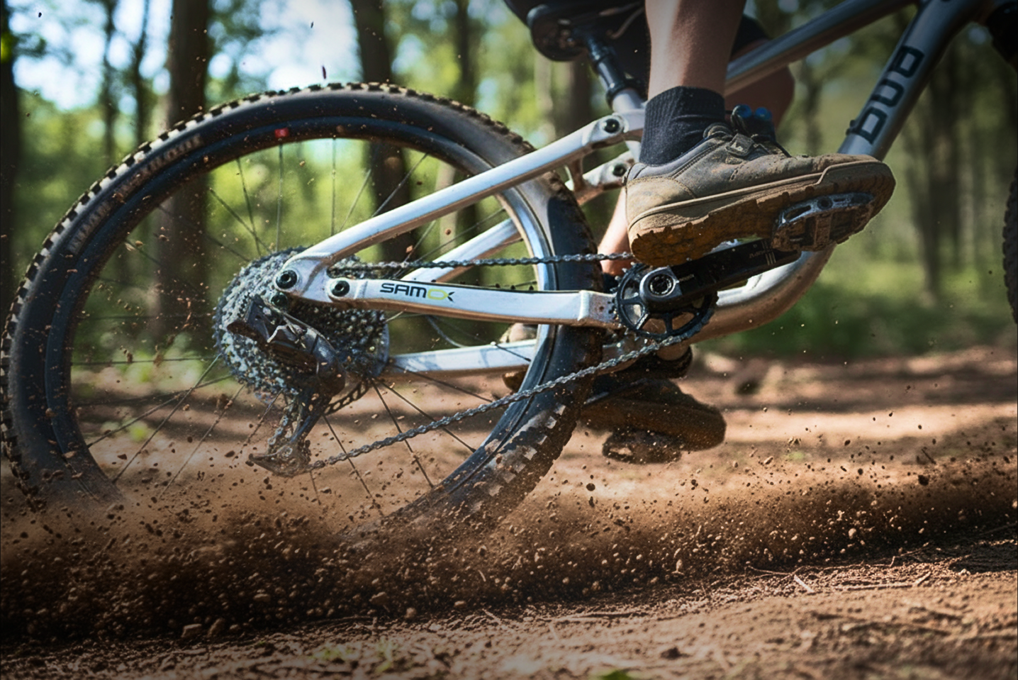 Person riding a mountain bike on a dirt trail with trees in the background