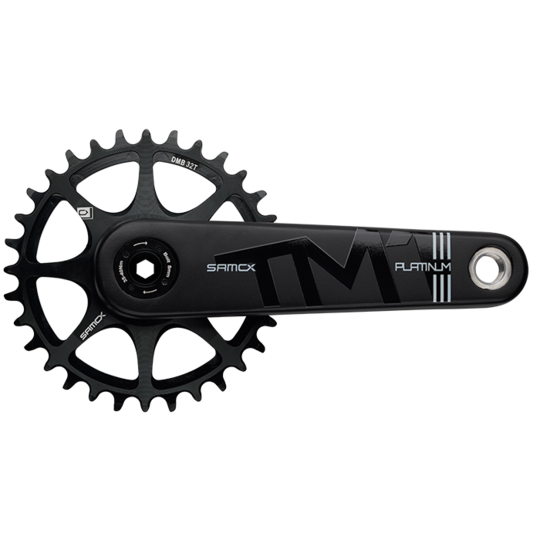 Black bicycle crankset with chainring on a white background